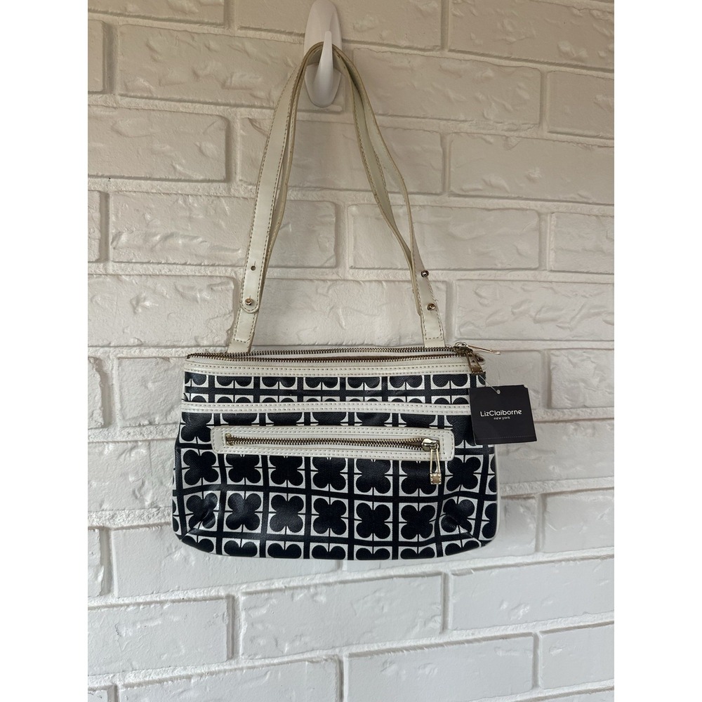 Vintage Y2K Liz Claiborne New York Black White Clover Print Shoulder Bag 2009